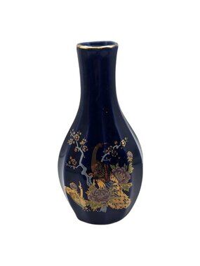 Vintage Cobalt Blue Porcelain Ribbed Bud Vase Gold Peacock Cherry Trees  Japan